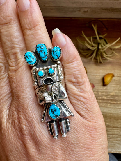 The Kachina Ring – Size 8 – Sterling Silver – Kingman Turquoise – Navajo Handmade
