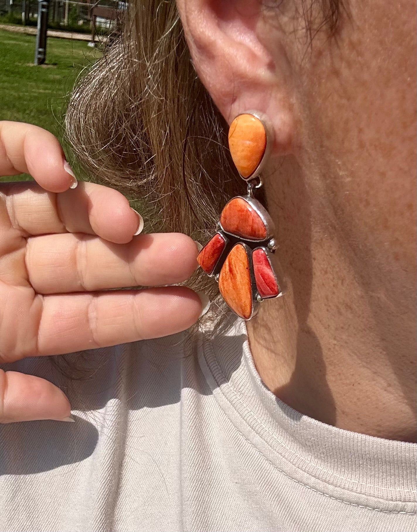 Spiny Oyster & Orange Cluster Earrings – Dangle with Stud Post
