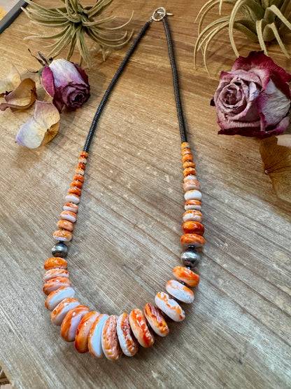 23 inch Graduated Orange Spiny Necklace with Sterling Silver Pearls