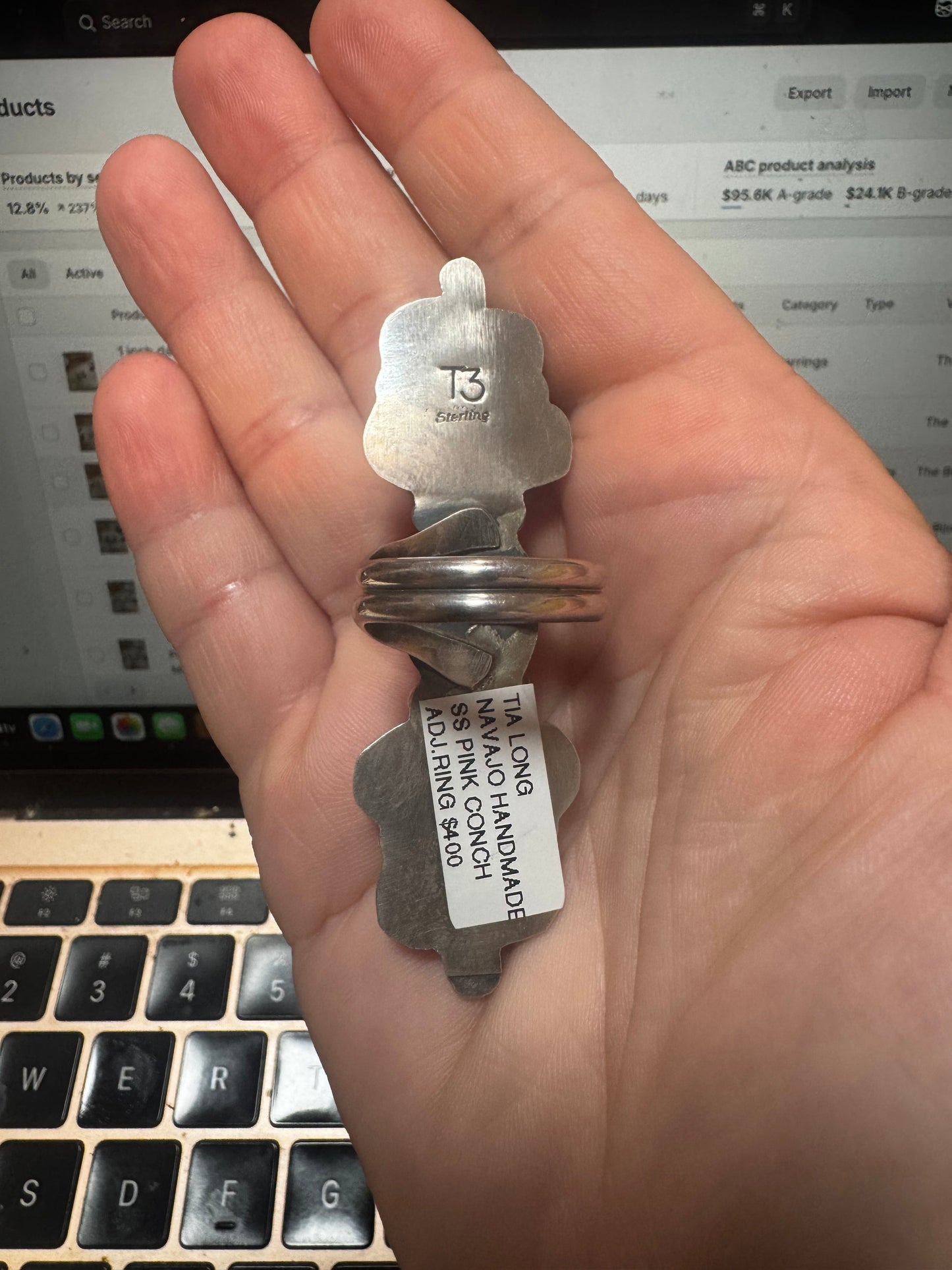 Long Ring -adjustable - pink conch and sterling silver III