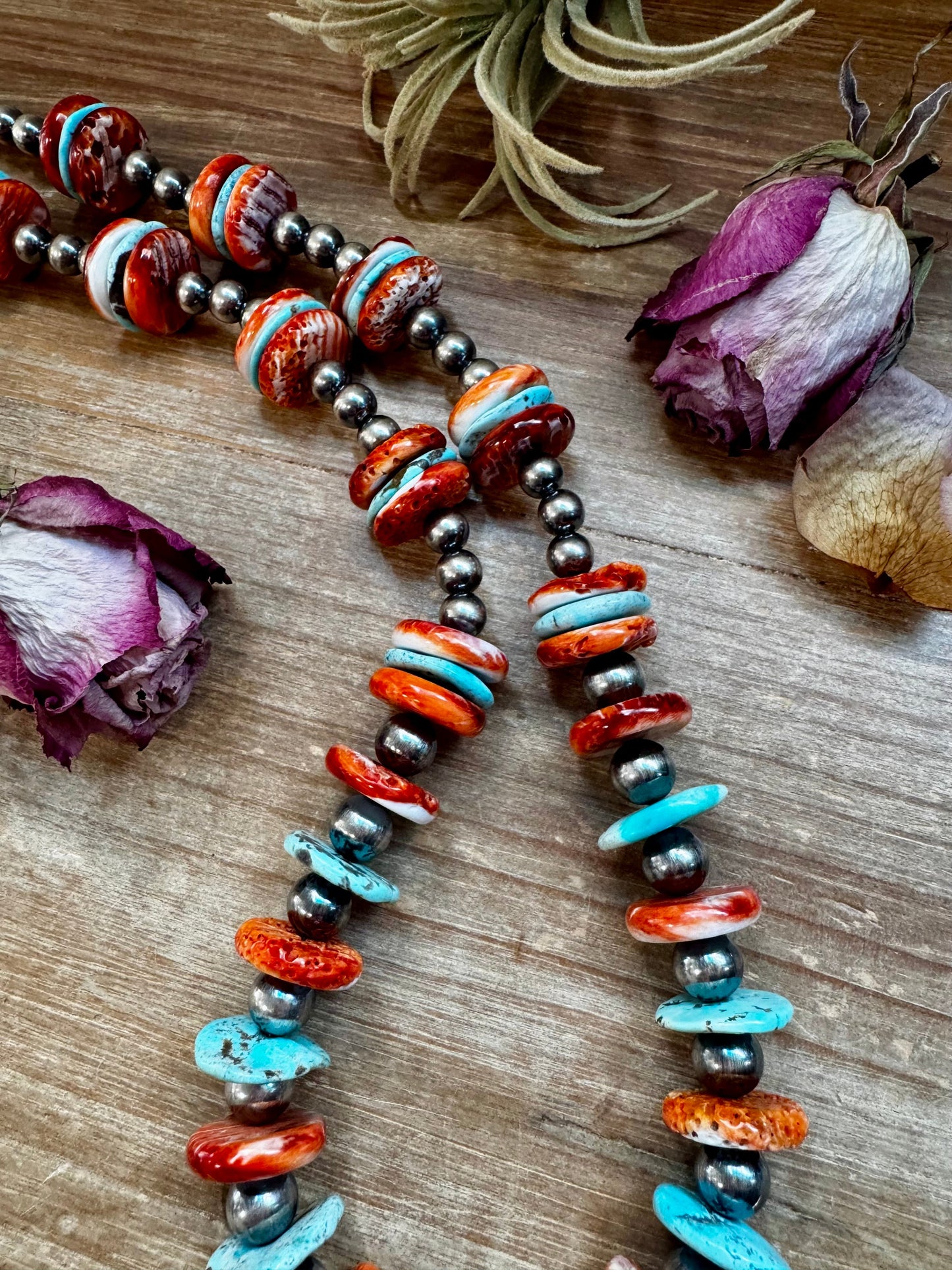 NFR Collection Necklace – Sterling Silver Pearls with Blue Turquoise & Spiny Oyster – Handmade by The Bijoux FAB – 29"