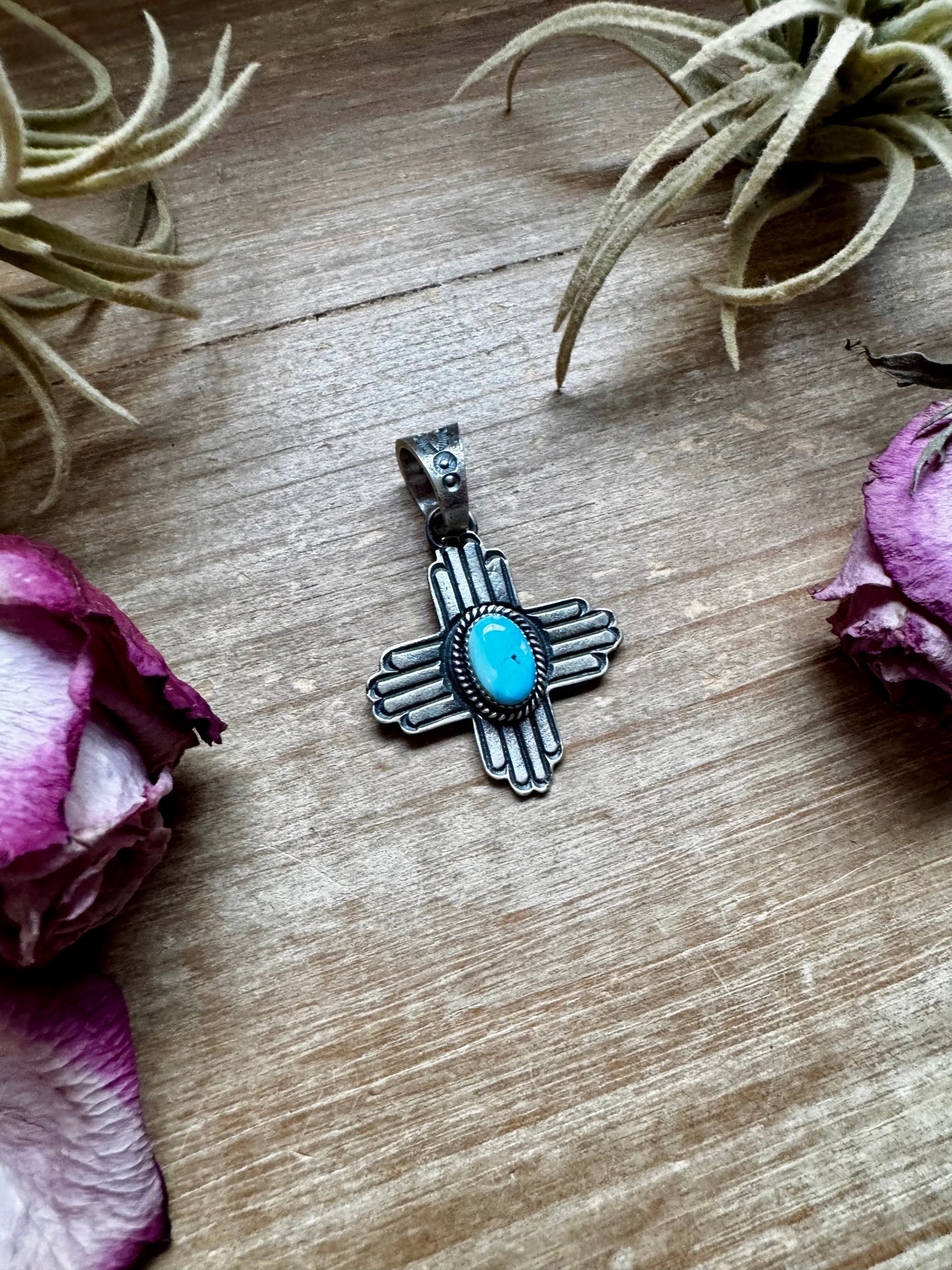 Zia Symbol Pendant with Golden Hill Turquoise – Sterling Silver – Native Made by KB