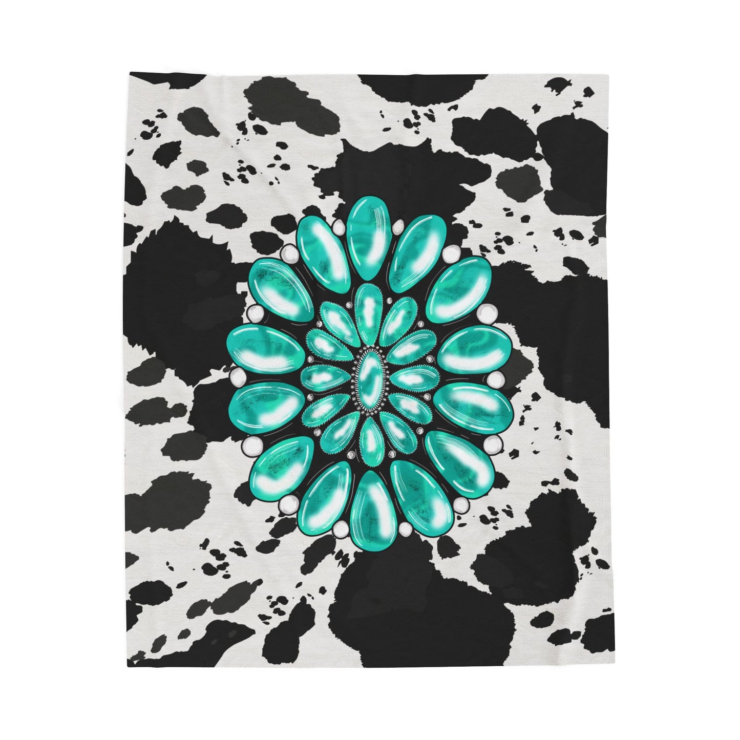 Western Velveteen Plush Blanket Cowhide Chic Turquoise Concho