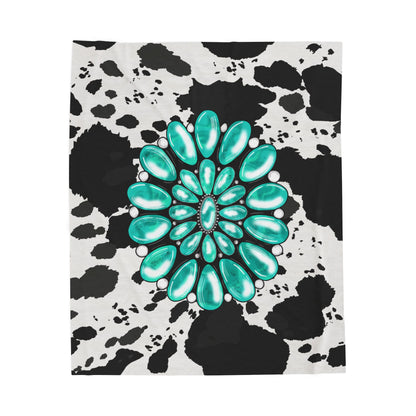 Western Velveteen Plush Blanket Cowhide Chic Turquoise Concho