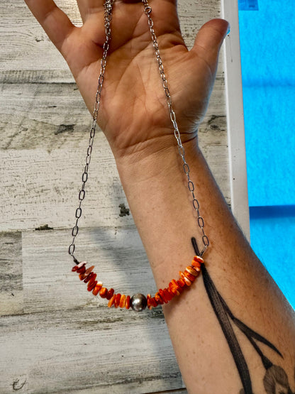 Paperclip Chain Necklace – Spiny Oyster Chip & Sterling Silver Pearl