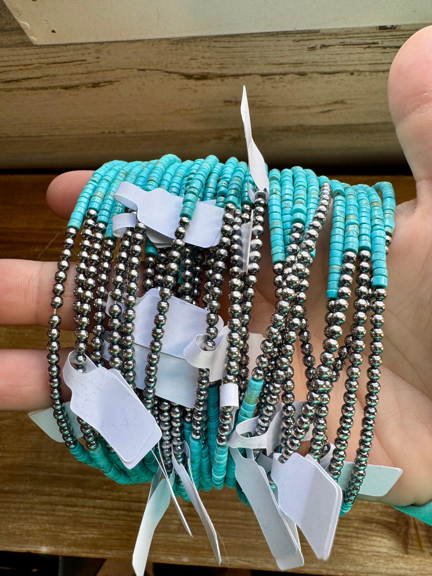 3 mm Sterling Silver Pearls choker with magnesite darker turquoise heishi - western jewelry