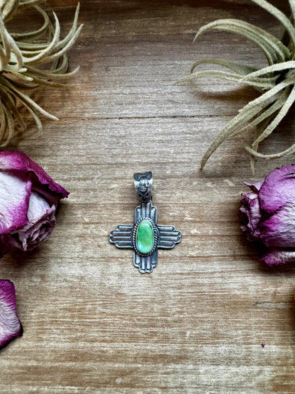 Zia Symbol Pendant with Sonoran Gold Turquoise – Sterling Silver – Native Made by K. Billah – Fits 8mm