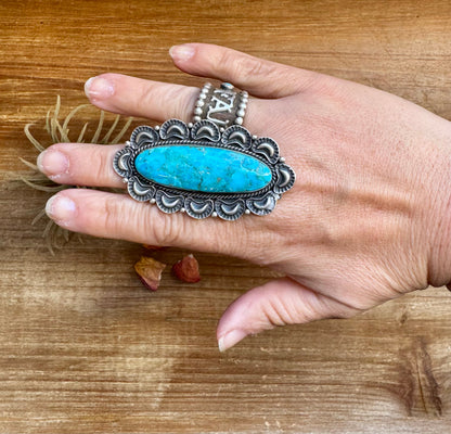 Long Ring- size 9 - Kingman Turquoise ring & Sterling Silver