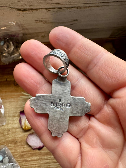 Zia Symbol Pendant with Sonoran Gold Turquoise – Sterling Silver – Native Made by K. Billah – Fits 8mm