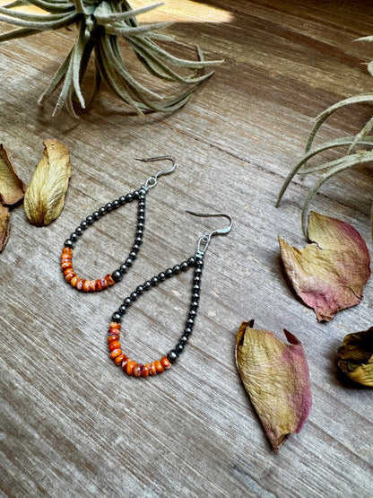 Teardrop Earrings – Sterling Silver Pearl & Orange Spiny Oyster