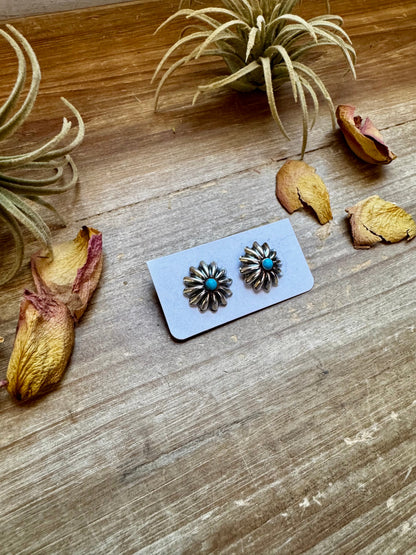 Small Sterling Silver Concho Earrings with Kingman Turquoise – Made in the USA