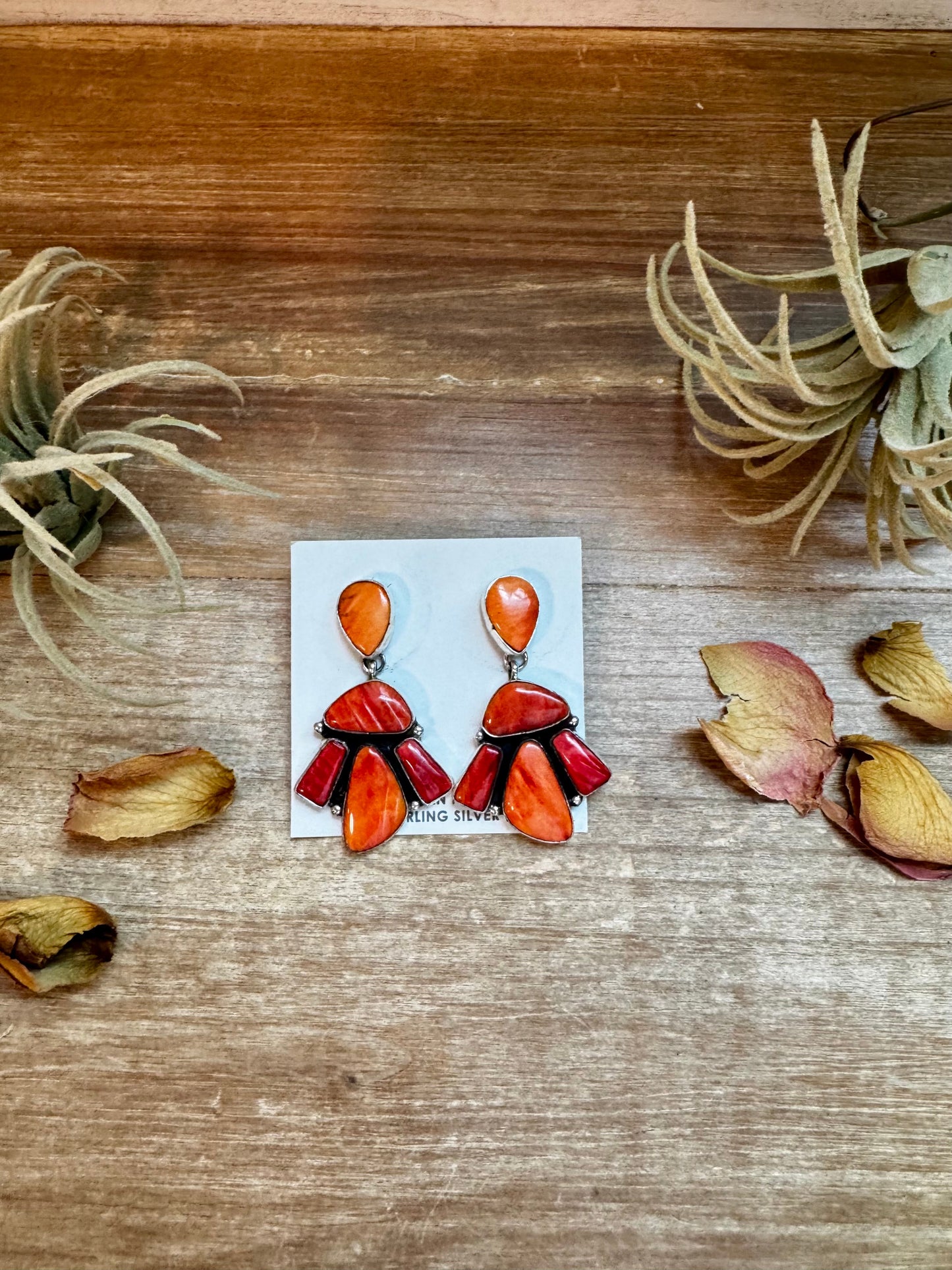 Spiny Oyster & Orange Cluster Earrings – Dangle with Stud Post