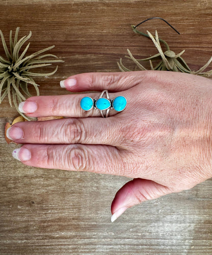 3-Stone Kingman Turquoise Ring – Size 10 Sterling Silver