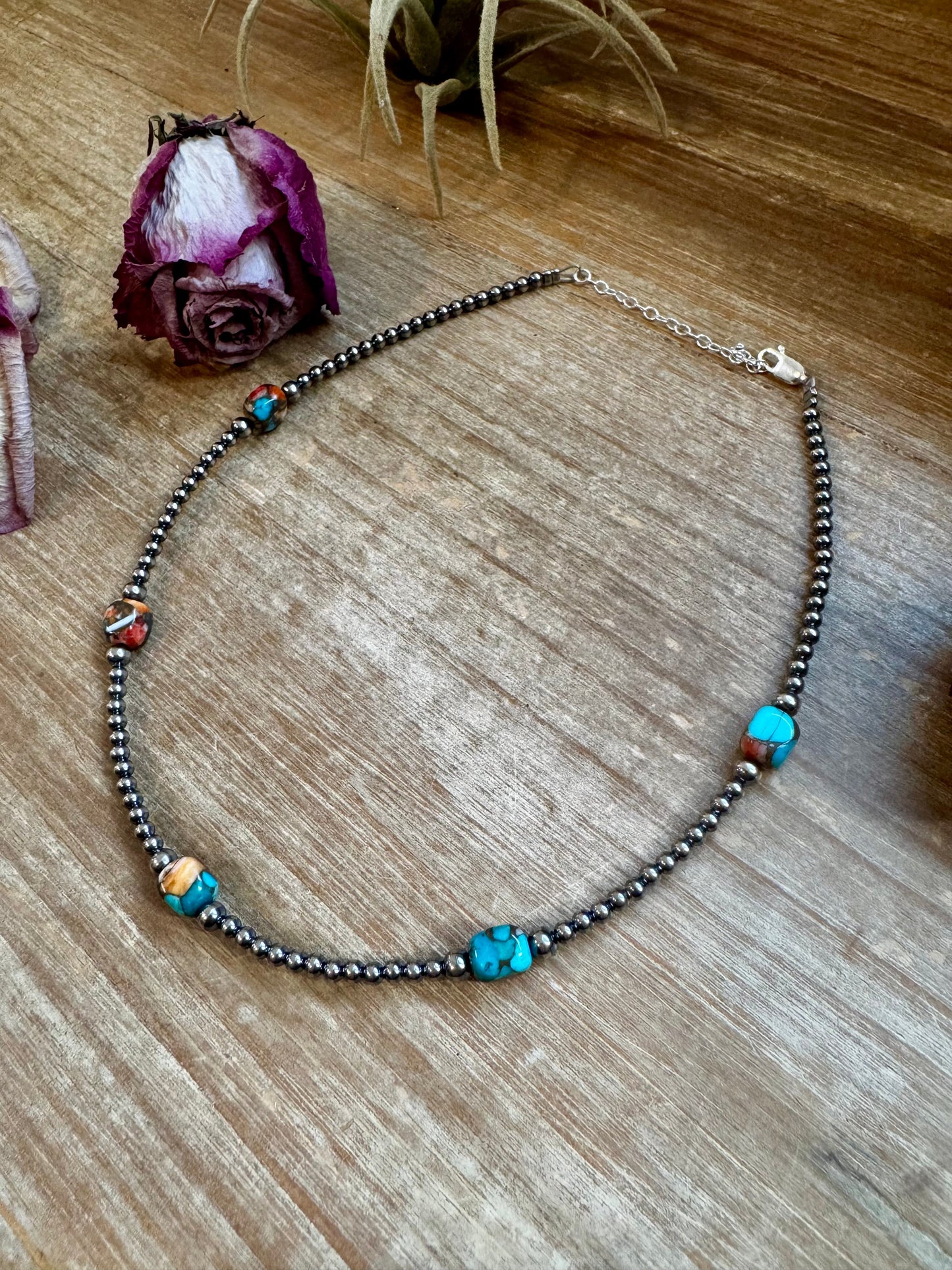 Mixed Turquoise & Spiny Oyster Necklace – 3mm Sterling Silver Pearls