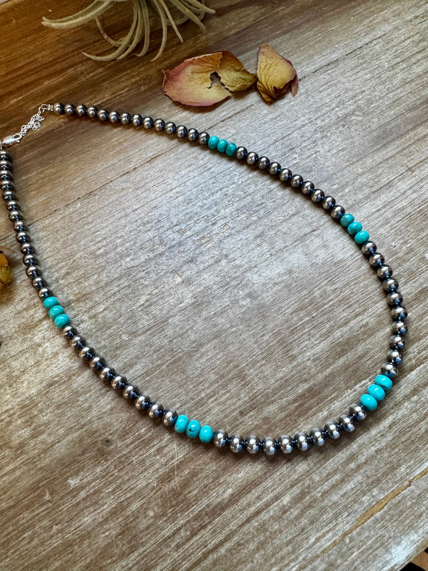 Sterling Silver Pearl & Blue Turquoise Necklace – 19"