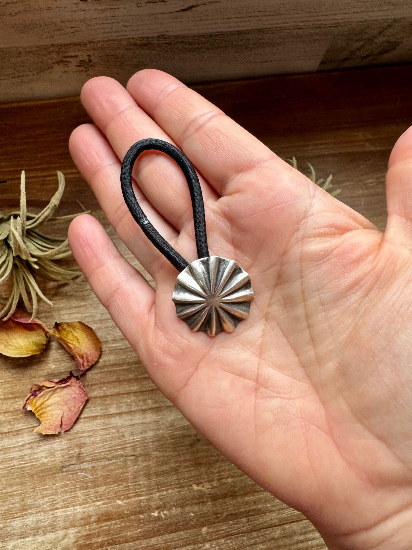 Sterling Silver Hair Tie – Small Stamped Concho