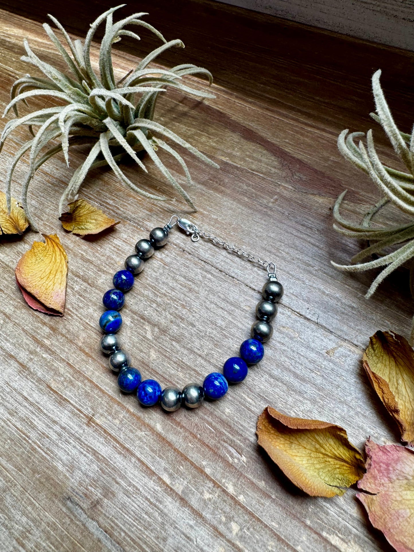 Lapis & Sterling Silver Bracelet – 6.5 Inch + Extender – 8 mm Round Beads