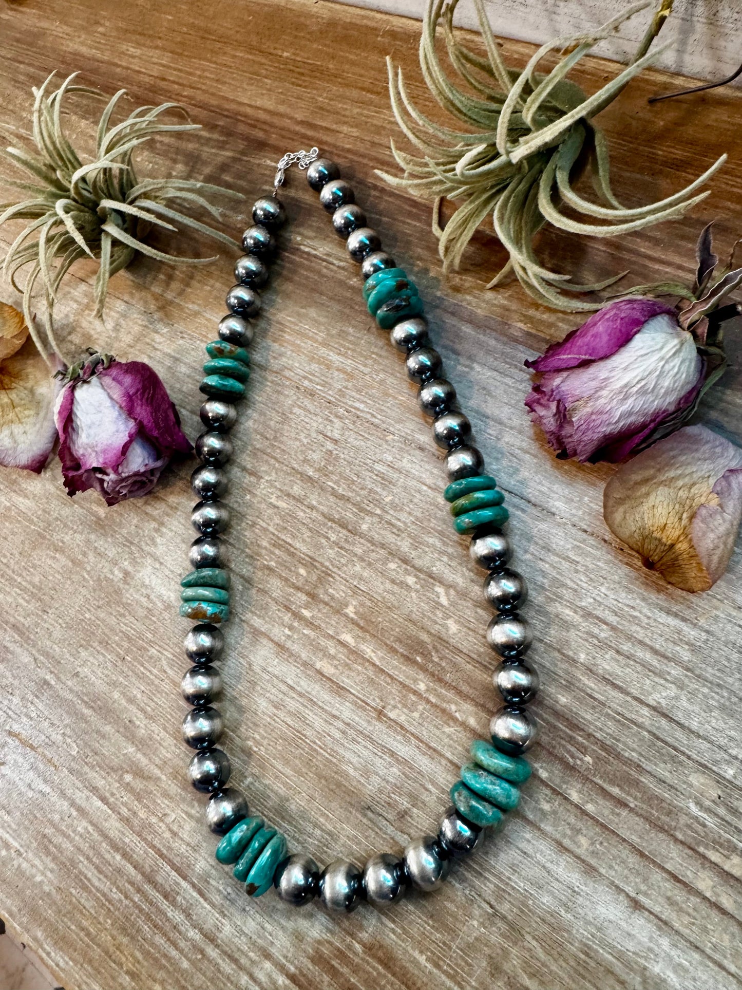 NFR Collection Necklace – 12mm Sterling Silver Pearls with 16mm Green Turquoise Rondelle – Handmade by The Bijoux FAB – 21.5"