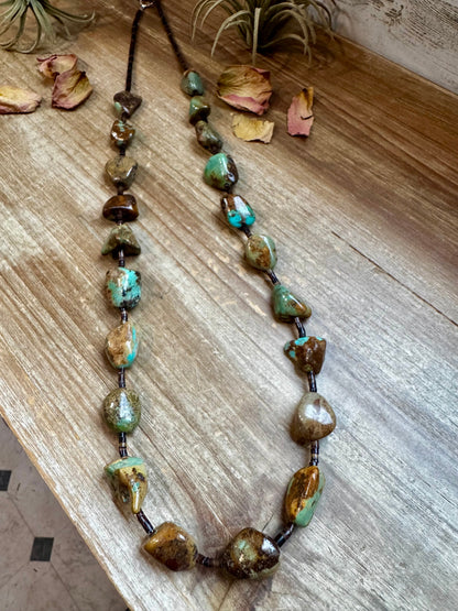 34-Inch Long Turquoise Nugget & Brown Shell Necklace