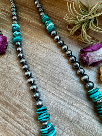 NFR Collection Necklace – 8mm, 10mm & 14mm Sterling Silver Pearls with Turquoise – Handmade by The Bijoux FAB – 37"