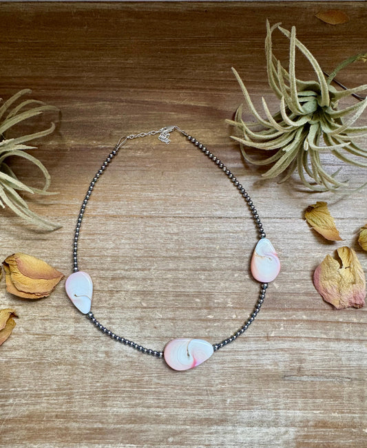 Sterling Silver Choker – 3 Flat Pink Conch Teardrops – 14.5" Approx.