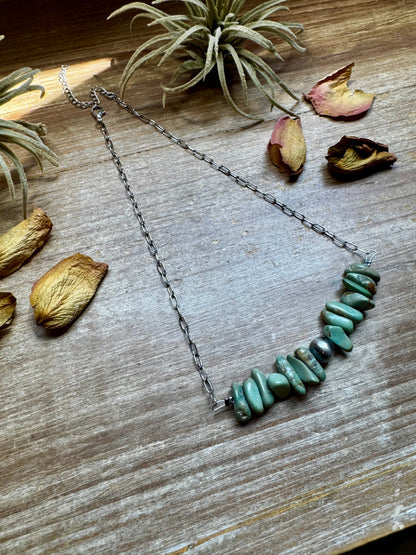 Green Turquoise Chip Necklace – Sterling Silver Pearl Accent – Paperclip Chain