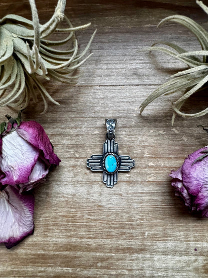 Zia Symbol Pendant with Golden Hill Turquoise – Sterling Silver – Native Made by KB
