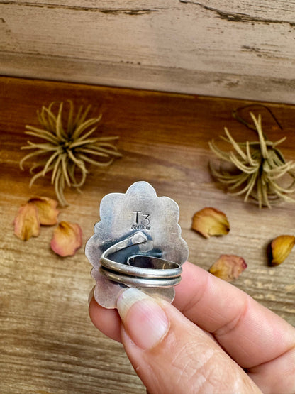 Adjustable Ring – Pink Dahlia Stone – Sterling Silver – Tia Long Navajo Handmade