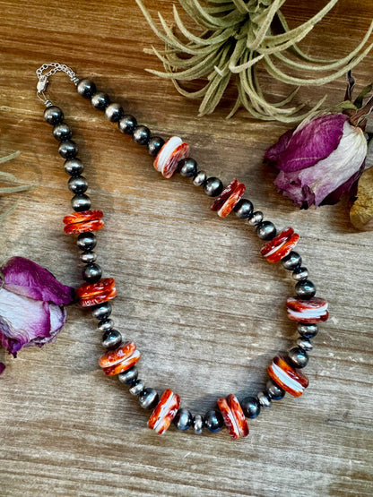 NFR Collection Necklace – 10mm Sterling Silver Pearls with 20mm Red Spiny Oyster – Handmade by The Bijoux FAB – 19"