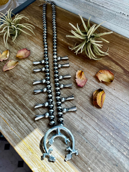 Squash Blossom–Style Necklace – Sterling Silver – 10mm Beads – 30"