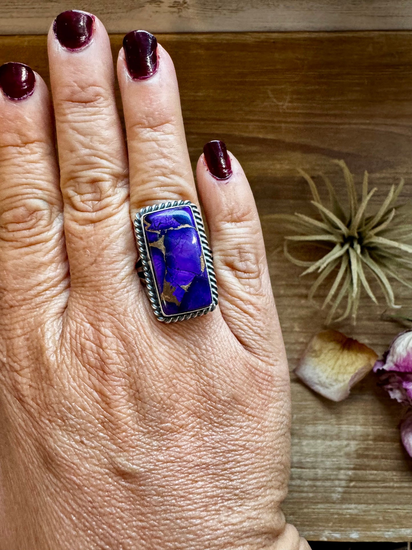 Purple Dahlia Ring – Sterling Silver – Native Made by M. Spencer – Size 8