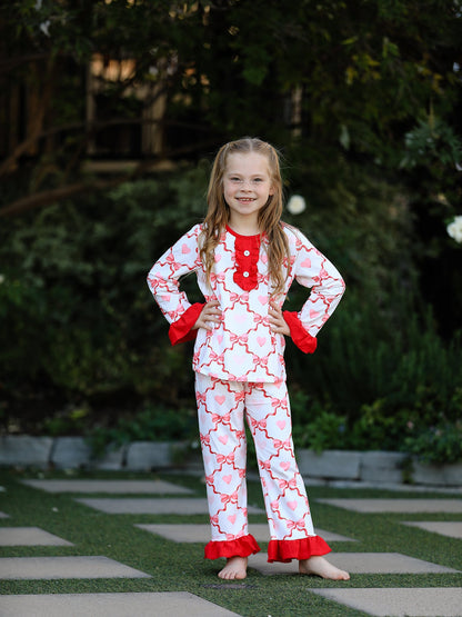 Valentine’s Day Girl Set with Heart Print and Red Ruffle Details