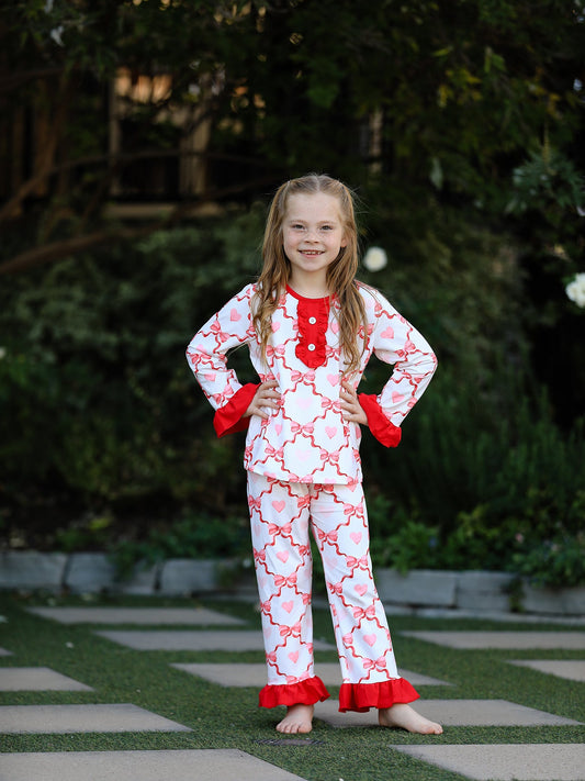 Valentine’s Day Girl Set with Heart Print and Red Ruffle Details