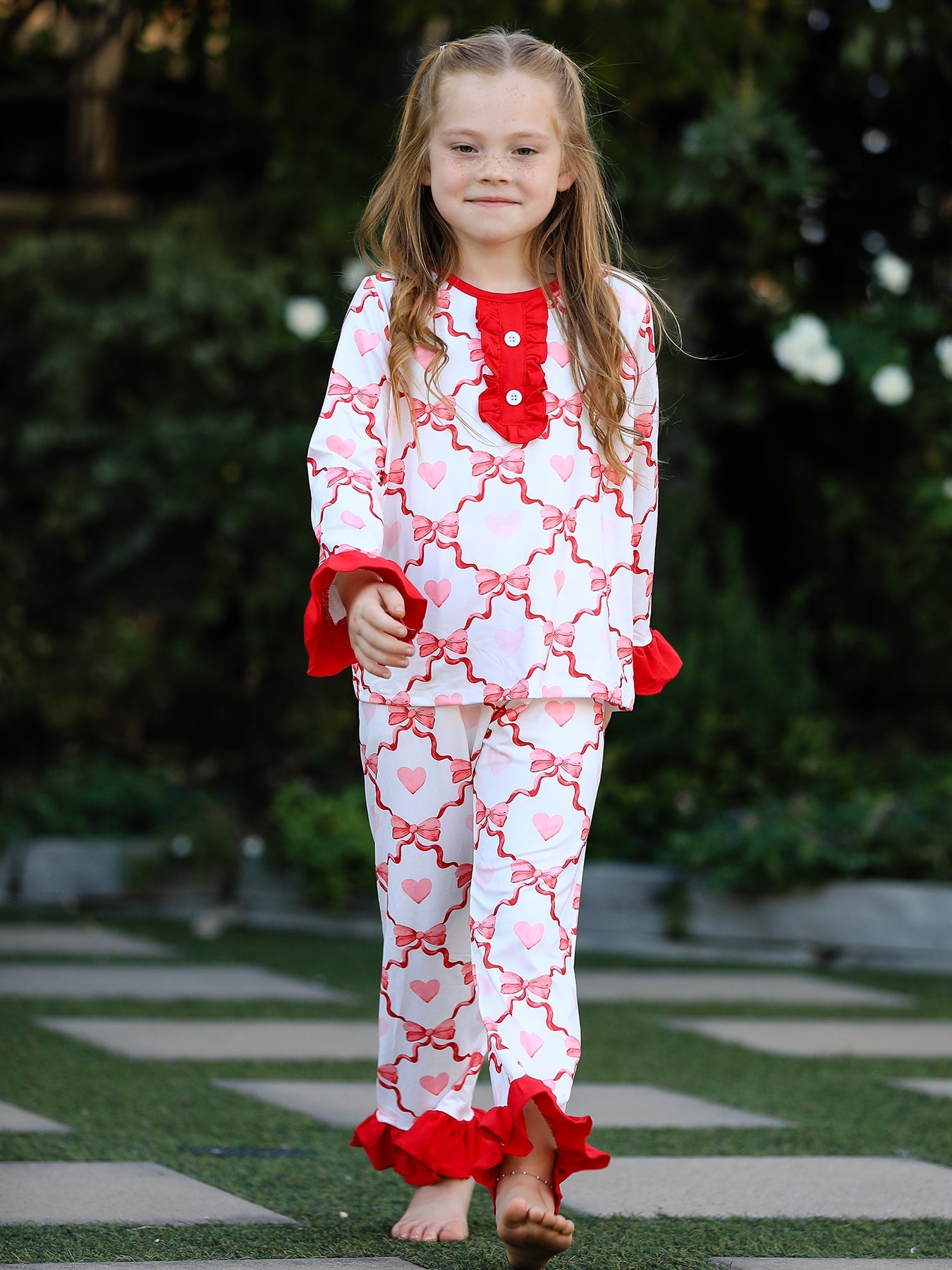 Valentine’s Day Girl Set with Heart Print and Red Ruffle Details