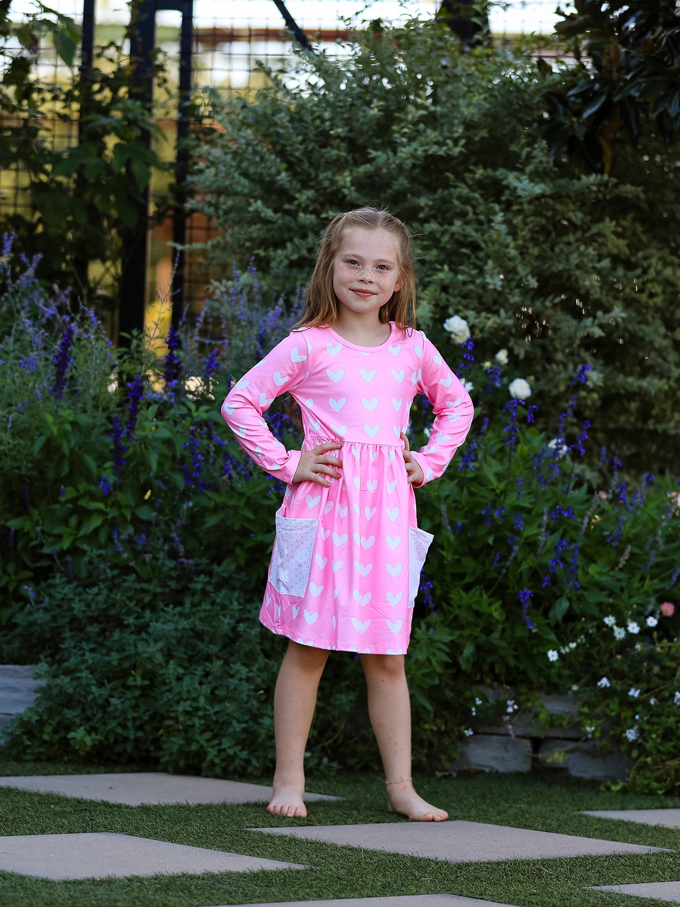 Girls Valentine’s Outfit Pink Heart Long Sleeve Dress with Pockets