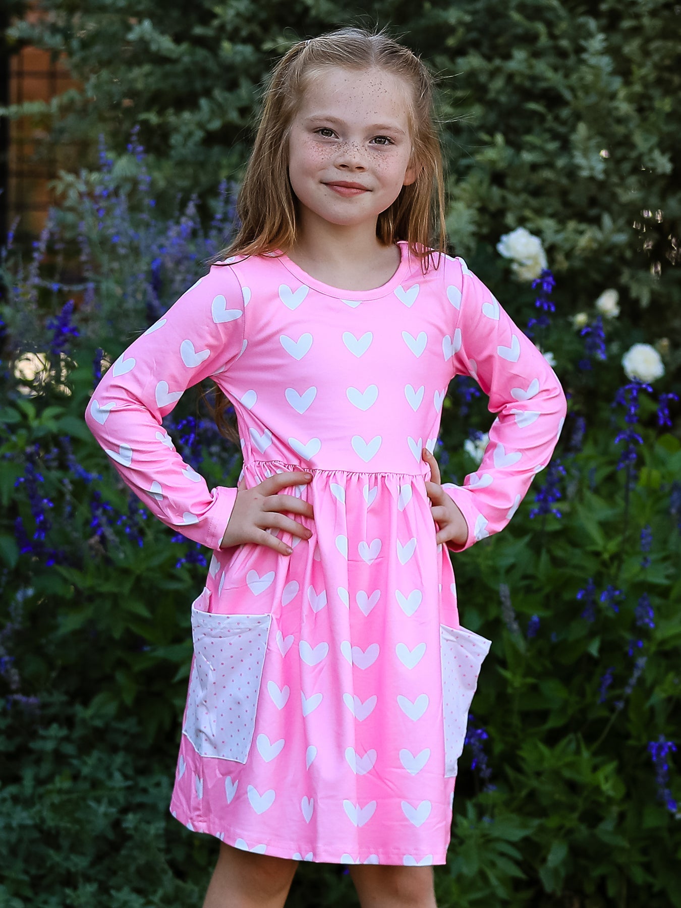 Girls Valentine’s Outfit Pink Heart Long Sleeve Dress with Pockets