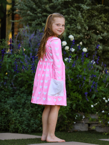 Girls Valentine’s Outfit Pink Heart Long Sleeve Dress with Pockets