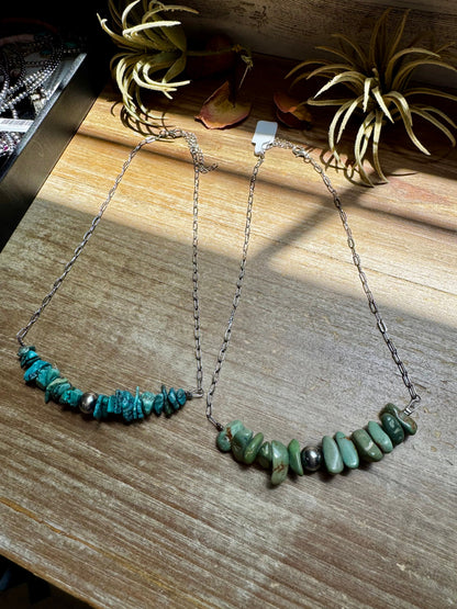 Green Turquoise Chip Necklace – Sterling Silver Pearl Accent – Paperclip Chain