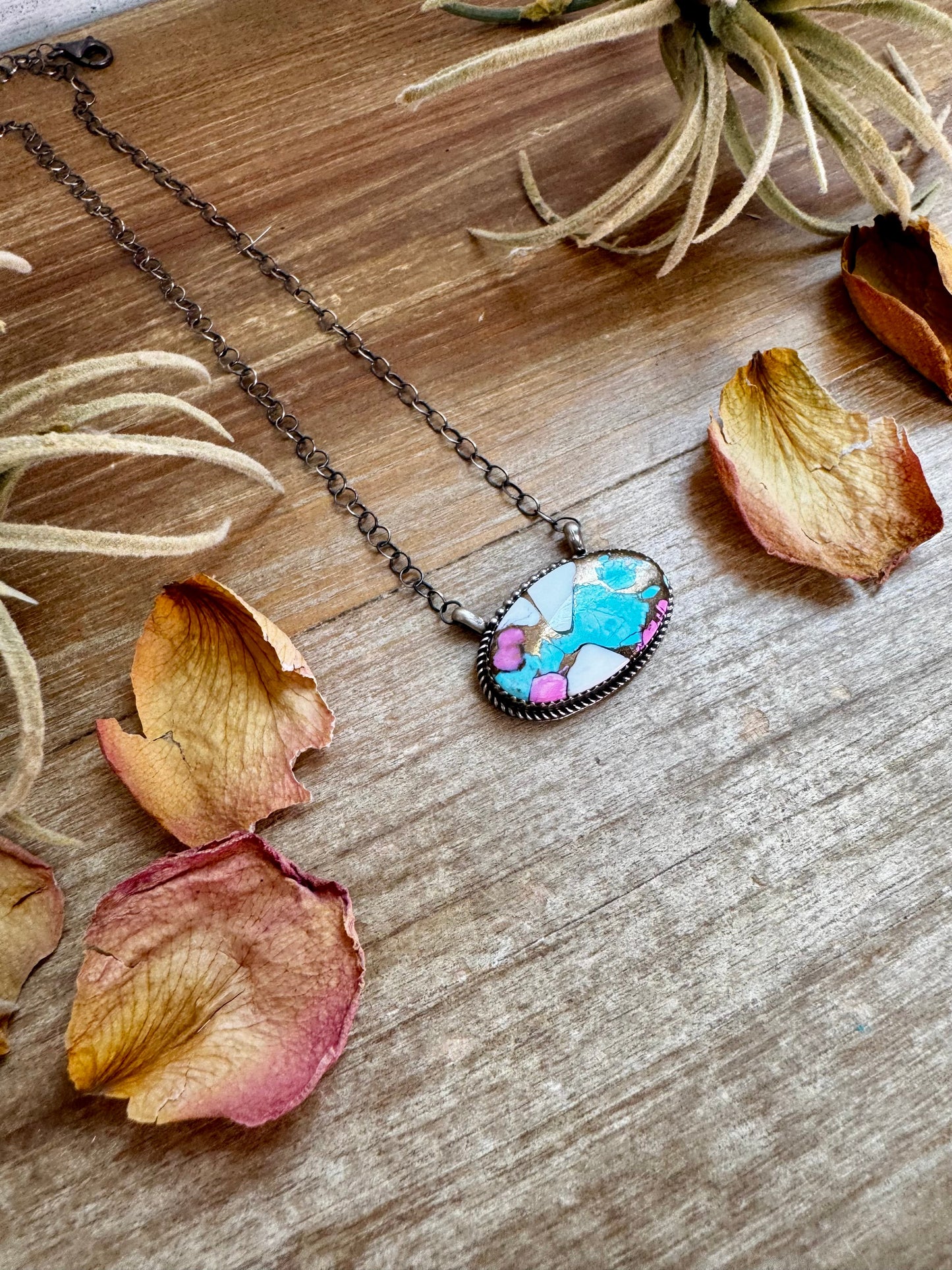 Cotton Candy Turquoise Bar Necklace – Oval Shape – 18" Sterling Chain – Tia Long, Navajo Handmade