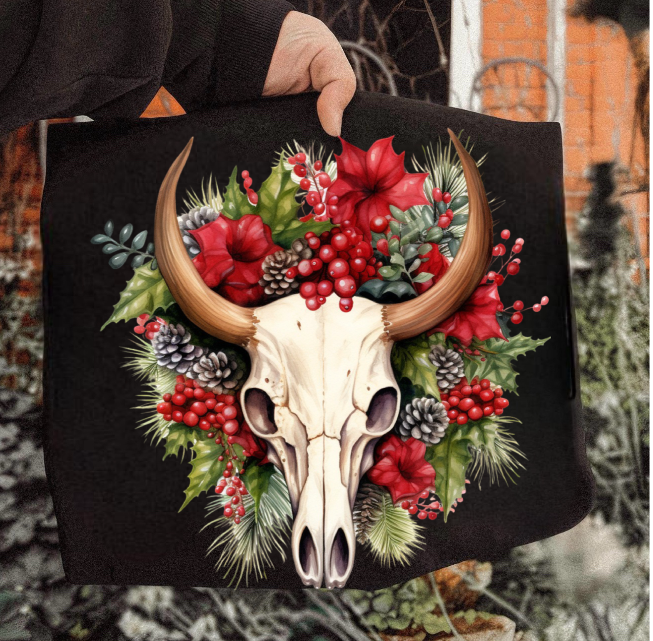 Christmas Floral Bull Skull
