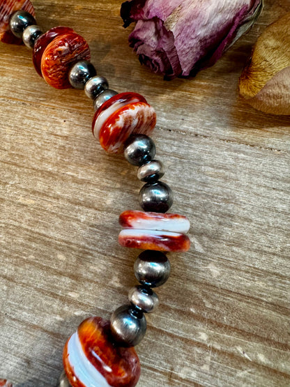 NFR Collection Necklace – 10mm Sterling Silver Pearls with 20mm Red Spiny Oyster – Handmade by The Bijoux FAB – 19"