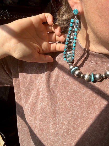 Sterling Silver Long Teardrop Earrings with Kingman Turquoise – 4 Inch, Post Style, USA Made