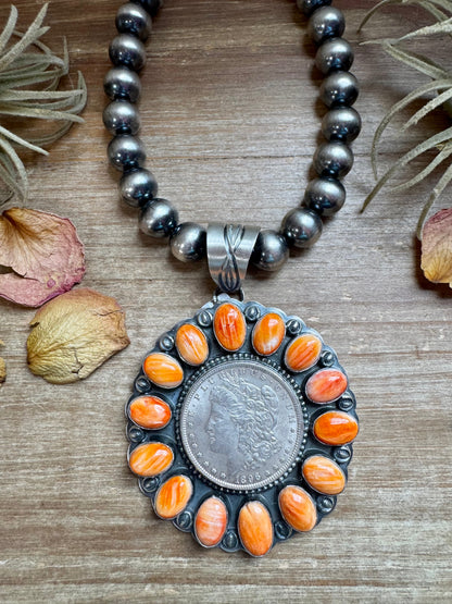 Orange Spiny Oyster & Silver Coin Pendant – Signed by Gabby