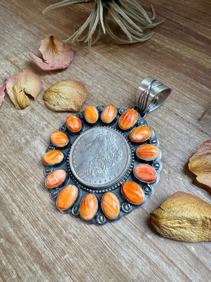 Orange Spiny Oyster & Silver Coin Pendant – Signed by Gabby
