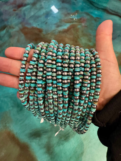 Sterling Silver & Turquoise Heishi Necklace – 16.5” – 6 mm Sterling Pearls