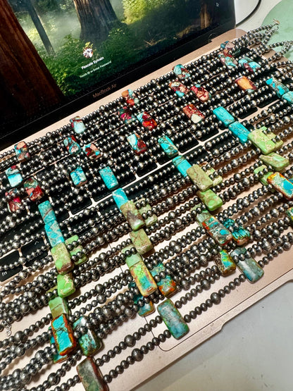 Orange/Turquoise Double Strand Necklace – 13” Beaded – Sterling Silver Pearls & Rectangle Variscite