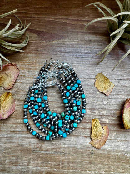 5mm Sterling Silver Pearl & Faceted Turquoise Bracelet