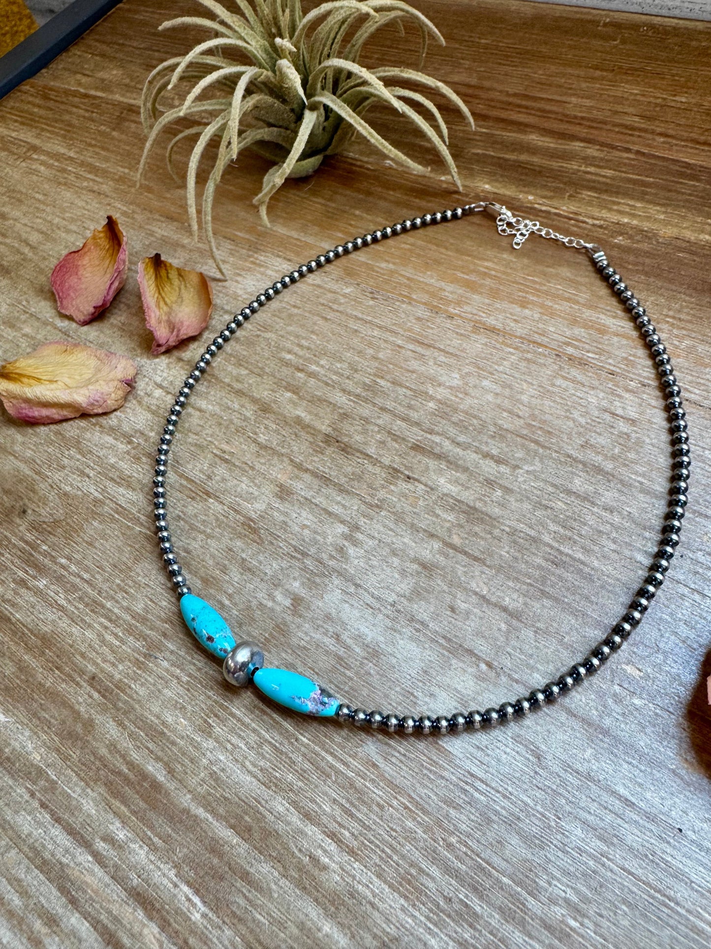 15-Inch Sterling Silver Pearl & Blue Turquoise Torpedo Choker