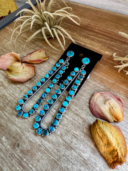 Sterling Silver Long Teardrop Earrings with Kingman Turquoise – 4 Inch, Post Style, USA Made