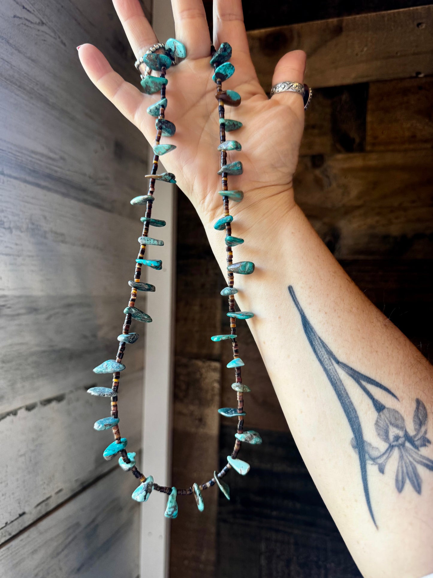 24 inch long shell and turquoise necklace